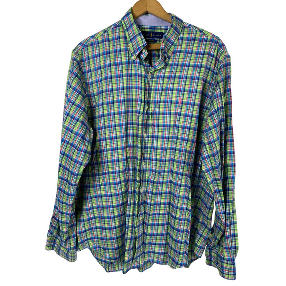 Ralph Lauren Button Up Shirt Mens Green Pink Colorful Madras Plaid Non Iron XL - Picture 2 of 8